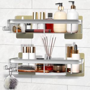 CAUC-Etagere Salle de Bain Sans Percage 2 Pi&egrave;ces Etag&egrave;re Douche sans Percage - S&eacute;chage Rapide Grande Capacit&eacute; Rangement et Organisation de la Salle de Bain, Etagere Rangement Murale (Argent&eacute;) - Neuf