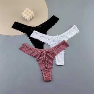 3pcs Women Lace Thong Underwear Pack Transparent Mid-Waist Underpants Female Briefs Ruffles G-Strings Plus Size.L.Black White Coffee - Neuf