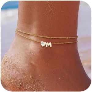 Eryi-Bracelet Cheville Femme Initiales À C?ur Bracelets De Cheville14k Gold Double Chaînes Imperméable Réglable Avec Zircones Chaine De Cheville Ensemble Pour Femmes Été Bijoux Fête Sur La Plage - Neuf