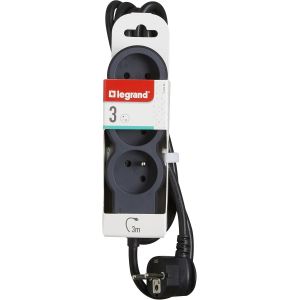 CHENG-- Rallonge multiprise Extra-Plate avec 3 Prises de Courant avec Terre avec Cordon 3m - Noir et Gris fonc&eacute; (Lot de 2) - Neuf