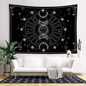 Tapisserie Soleil Lune Tenture Murale Soleil avec Étoiles Espace Psychédélique Noir et Blanc Tapisserie Murale pour Be - Neuf