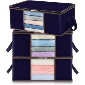 Pack de 3 35 L Vêtements Sacs de Stockage, Bleu Marine, Pliant Sous le Lit, l'Organisateur, housse de Couette Placard Organisateur avec Fenêtre transparente Solide Tissu pour les Vêtements. - Neuf