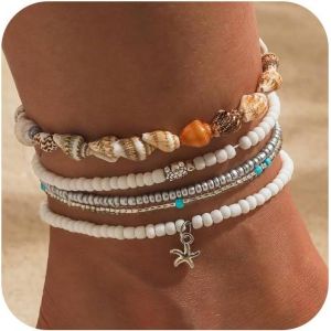 5 Bracelets De Cheville En Perles Bohèmes (Étoile De Mer Carapace De Tortue) + 1 Boîte De Rangement Ciel Et Terre Noire De 7 * 7 * 1,5 Cm, Bracelets Pour Femmes, Bracelet De Cheville - Neuf