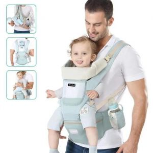 Porte-Bébé Ergonomique Avec Siège Capuche Amovible Coton Confortable Respirant Réglable - Bleu - 0-36 Mois - Neuf