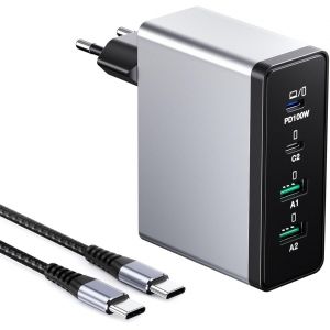140W Chargeur USB C, 4 Ports Bloc d'alimentation Rapide GaN, Adaptateur Mural PD+QC, 100W Ports de Type C Compatible avec MacBook Pro/Air/iPhone 16/15/Galaxy S23 avec c&acirc;ble de Charge 2M - Neuf