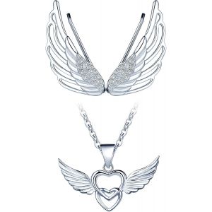Ensemble De Bijoux C?ur,Collier Et Boucles D'oreilles Femme Fille,Collier Et Boucle D'oreille En Argent 925,Collier Pendentif C?ur Et Aile D'ange,Clip D'oreille Papillon,Zircon,Argent.[Y875] - Neuf