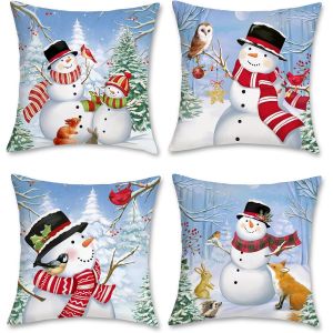 SLEP-Housse de Coussin Hiver Bonhomme de Neige 45 x 45 cm Pin Enneigé Vacances d`Hiver Velours Doux Décoratif Taie d'oreiller pour Canapé Salon Chambre Maison Hiver Décoration 4 Pièces - Neuf