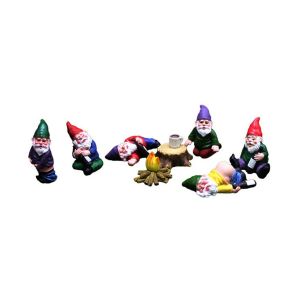 Ensemble de 9 statues miniatures de gnomes de jardin avec feu de joie, souche et tasse - Neuf