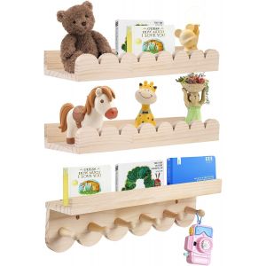 CAUC-Set de 3 &Eacute;tag&egrave;res Murales Enfant en Bois Massif - Biblioth&egrave;que avec 6 Crochets pour Livres & Jouets - &Eacute;tag&egrave;re Montessori Blanche 40cm - &Eacute;tag&egrave;re Flottante aux Angles Arrondis pour Fille & Gar&ccedil;on - Neuf