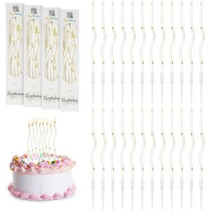 Sansh-24 Pièces Bougies D'anniversaire Torsadées, Bougies De Gâteau En Spirale Avec Supports Pour La Décoration De Fête De Gâteau De Mariage D'anniversaire,Points D'or Blanc - Neuf