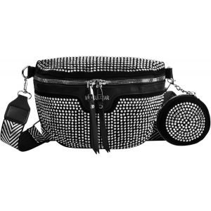 KALANKA-Sac Banane Femme avec Strass, Cuir PU Sac Bandoulière avec Porte Monnaie Amovible, Sacoche Banane Bandoulière pour Fête, Festival, Sport - Neuf