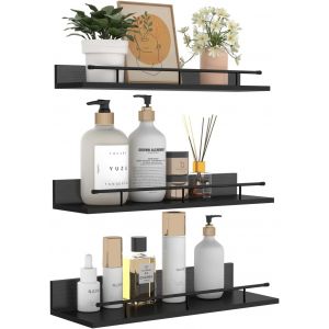CAUC-&Eacute;tag&egrave;re Murale Flottante Lot de 3, sont Fabriqu&eacute;es en Bois Noir avec des Supports en Fer Noir, pour Salle de Bain Cuisine Chambre - Neuf