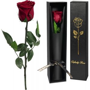 Rose Eternelle Cadeau Femme,Vraie Rose avec Tige Cadeau Maman Fleur Pr&eacute;serv&eacute;e en Coffret Cadeau Fleur Eternelle Cadeau Anniversaire Femme,Cadeau pour Noel Saint-Valentin Femme,Rose Bordeaux - Neuf