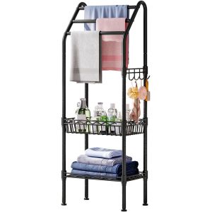 Porte Serviette Salle de Bain sur Pied, Rangement Serviette Organisateur en M&eacute;tal &agrave; 3 Niveaux, &Eacute;tag&egrave;re de S&eacute;chage avec Panier et Plate-Forme de Rangement - Neuf