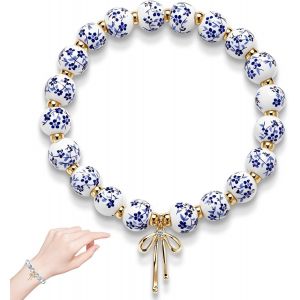 Eryi-Bracelet À Breloques En Perles Et N?ud Pour Femme, Corde Élastique Extensible Faite À La Main, Breloque En Céramique Dorée, Motif Floral, Style Cottage, Délicat, Tendance, Cadeau, Bleu - Neuf