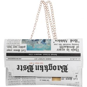 CAUC-Sac en cuir blanc pour femme avec imprim&eacute; journal &eacute;l&eacute;gant avec sangle en cha&icirc;ne, pochette &agrave; bandouli&egrave;re tendance pour le rangement en ext&eacute;rieur et une utilisation quotidienne, blanc, 13*22 - Neuf