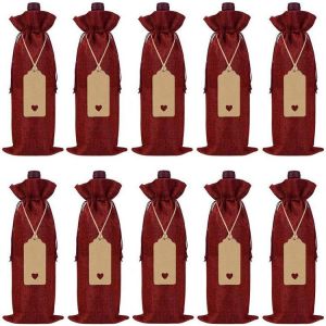 (A) 16*36CM Sacs d'emballage cadeau Sacs d'emballage cadeau 10 pièces Pochettes de sac à vin en lin Pochette à vin avec cordon Sac à vin Pull Ornements Sac en toile de jute pour vin Housse de vin - Neuf