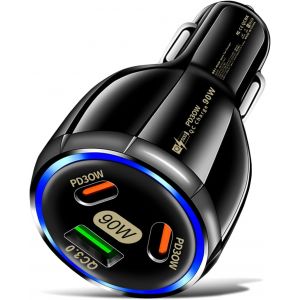 90W Allume Cigare USB C, PD QC 30W Charge Rapide Chargeur Voiture pour iPhone,Tablet,Samsung Galaxy,Huawei,Xiaomi - Neuf