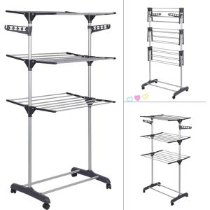 Etendoir &agrave; Linge Peu encombrant en M&eacute;tal 3 &Eacute;tages Doubles&Eacute;tendoir &agrave; Linge Interieur Pliable avec Roues et Extensible pour Int&eacute;rieur et Ext&eacute;rieurSupport pour Les Petits Objets,Blanc - Neuf