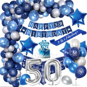 AYUHR-21 Ans Décoration Anniversaire Homme Chrome Bleu Argent,Royal Bleu Ballons Arch Kit avec Joyeux Anniversaire Bannière Cake Topper Nappe Birthday Sash Grand Ballon Numéro 21 - Neuf