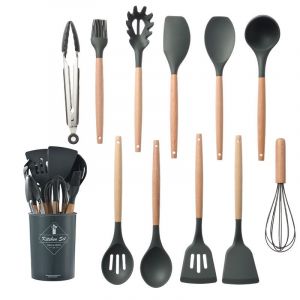 Ensemble De 12 Ustensiles De Cuisine Gris Foncé En Silicone Avec Support, Résistant À La Chaleur, Spatule Pour Pâtisserie, Anti-Rayures, Antiadhésif, Sans Bpa, Accessoires De Cuisine - Neuf