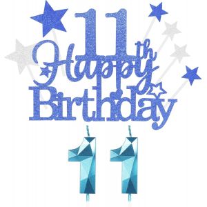 ERYI-11 Ans Bleu Decoration Gateau Anniversaire 9 Pcs,Double Bleu Glitter Happy 11Th Birthday Cake Topper Deco Avec,Bleu 11 Ans Bougies,Star Heart Cupcake,Décoration De Gâteau Pour Femmes/Homme - Neuf