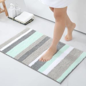 KAL-Tapis De Bain Antiderapant,Tapis Salle De Bain Rayé En Microfibre Douce, Absorbant À Poils Longs, Lavable En Machine - 40 X 60 Cm, Vert/Gris - Neuf
