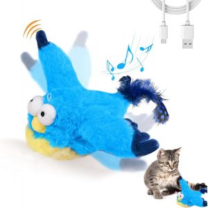 Jouets Pour Chat,Ailes Battantes Moineau,Jouets À Herbe À Chat,Jouet Interactif Pour Chaton,Jouet En Peluche Moelleux,Activé Par Le Toucher,Rechargeable (Bleu) - Neuf