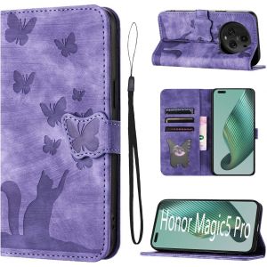 Kal-Housse Protection Pour Honor Magic 5 Pro 6.81 Zoll Matériau En Cuir Pu Coque Honor Magic 5 Pro Avec Fentes Pour Cartes Étui Motif Papillon Chat Violet - Neuf