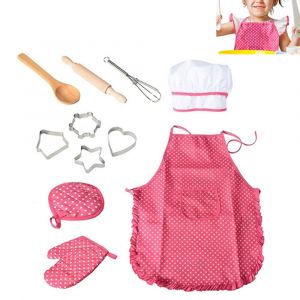 Ensemble De Cuisine Pour Enfants De 11 Pi&egrave;ces Comprenant Tablier, Toque, Gants, Rouleau &Agrave; P&acirc;tisserie, Cuill&egrave;re, Fouet, Moules &Agrave; Biscuits Et Dessous De Plat. - Neuf