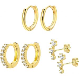 Chenquansarl-Lot De 3 Paires De Boucles D'oreilles En Argent 925 Pour Femme - Petites Boucles D'oreilles Empilables En Argent 925 - Boucles D'oreilles Plaqu&eacute;es Or 14 Carats Pour Plusieurs Piercings, - Neuf