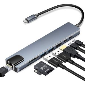 Hub USB-C 8 ports avec USB, UBC PD, HDMI, RJ45, carte m&eacute;moire Gris - Neuf