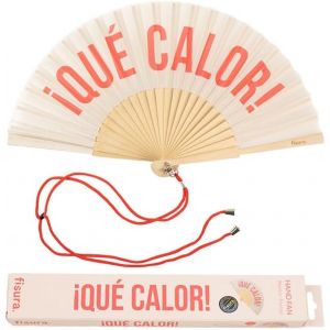 Éventail avec message en espagnol ""que calor"". Éventail moderne et amusant en bois. Éventail pliant crème et rouge. Dimensions : 42,5 x 23 cm. - Neuf
