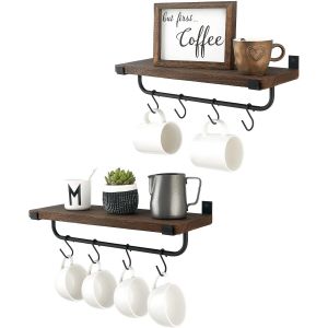 Lot de 2 supports muraux pour tasses &agrave; caf&eacute;, &eacute;tag&egrave;res flottantes rustiques pour caf&eacute;, accessoires de bar, crochets en bois pour organiser les ustensiles de cuisine, d&eacute;coration de cuisine, marron - Neuf