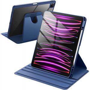 NAERYUT-Coque Rotative Pour Ipad Pro 12,9 Pouces (2022/2021/2020/2018) Avec Porte Pencil,Étui Housse De Protection Rotation À 360 Degrés Support,Dos Transparent (Marine) - Neuf