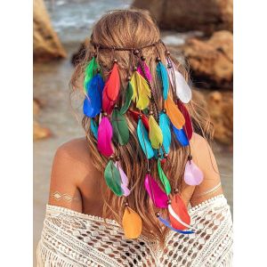 Kalvd-Bandeau Bohème À Plumes Arc-En-Ciel Avec Perles-Accessoire De Cheveux Hippie Indien Pour Femmes Et Filles - Neuf