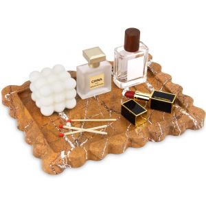 Plateau Salle de Bain en Marbre Naturelle Plateau D&eacute;coratif Ondul&eacute; Luxueux Organisateur pour Coiffeuse, Mouchoirs, Bougies, Serviettes, Cosm&eacute;tiques, Parfum Marron For&ecirc;t Tropicale 27 x 20 cm - Neuf