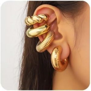 Kal-Manchette Oreille Femme, 4pcs Ear Cuff Boucles Non Piercings, Boucles D'oreilles Or Femme Chunky Earcuff Boucles, Faux Piercing Manchette D'oreille &Eacute;paisses, Convient Aux Femmes - Neuf