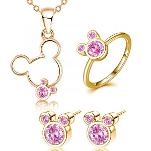 Ensemble Meilleur Bijoux Argent 925 Femme 4ps Plaqué Or Rose Zircon Mickey Collier Boucles D'oreilles Bague Ouverte - Neuf