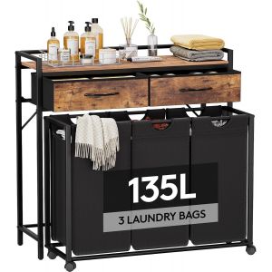 MEVRONISSHOP-Panier a Linge 3 Compartiments Roulettes 135L, Meuble Linge Sale Grande avec 2 Tiroirs et 3 Sac &agrave; Linge en Tissu Oxford, Bac &agrave; Linge pour Buanderie, Chambres, Salles de Bains, Noir - Neuf