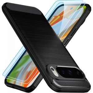 Kal-Coque Pour Google Pixel 9 Pro Coque + Lot De 2 Verre Trempé, [Fibre De Carbone] Housse Souple Flexible En Premium Tpu Étui, Anti-Rayures/Antichocs-Noir - Neuf