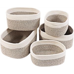 Eryi-Panier Rangement,Lot De 5 Panier De Rangement Tressés En Coton,Corbeille Rangement Pour Salle De Bain,Cuisine,Organisateur Table A Langer Bebe,Décoration Boite De Rangement Pour Bébé,Enfant - Neuf