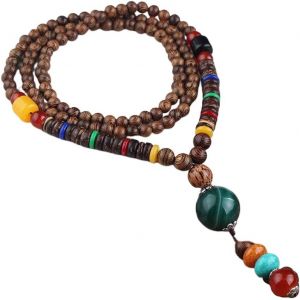 Kal-Fait Main Vintage Long Collier Chaîne Chandail Sculpture Sur Bois Naturel Ethnique Vert Agate Ball Bohemian Unisexe Simple Perlées Minimaliste Vêtements Accessoires - Neuf