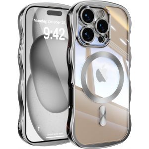 TRAHOO-Coque Magn&eacute;tique pour iPhone 16 Pro Compatible avec Recharge sans Fil, Wave Frame &Eacute;tui en Silicone Liquide, Housse de Protection Antichoc Bumper Cover Case avec Protection Cam&eacute;ra, Argent - Neuf