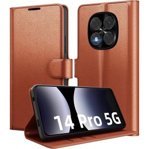 Kal-Coque Pour Xiaomi Redmi Note 14 Pro 5g / Pro+ Plus 5g / Poco X7 5g (Pas Pour 4g) Premium Cuir Pu, Portefeuille Housse Etui Pour Cartes Protection Anti-Choc Flip Case Avec 1 Verre Trempé Brun - Neuf