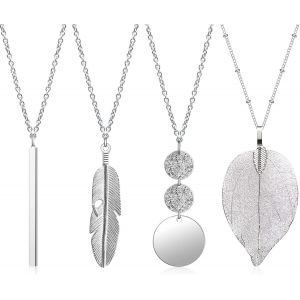 Kal-Lot De 4 Colliers Longs Avec Pendentifs Pour Femmes, Collier Pendentif Mode Bijoux Longs Pulls Colliers Ensemble Argent Barre Plume Cercle Feuille Château Collier En Y Ensemble De Bijoux Collier - Neuf