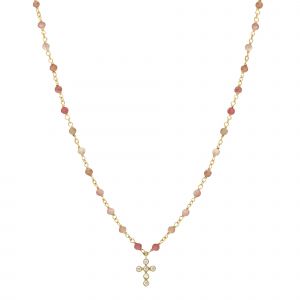Collier Argent Dor&eacute; Croix En Zirconium Blanc Et Pierres Quartz Rose Fraise - Neuf