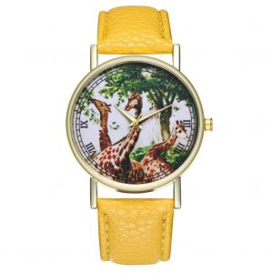 Montre-Bracelet Zhoulianfa A Quartz Avec Cadran Rond En Pu Et Motif Girafe Pour Homme Et Femme (Jaune) - Neuf