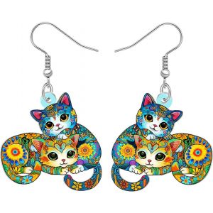 Kal-Boucles D'oreilles En Acrylique Avec Pendentif Chat Floral Folk Art Design Bijoux Pour Femmes Filles Chaton Amoureux Cadeaux Nouveauté Amusant Hypoallergénique Charms - Neuf
