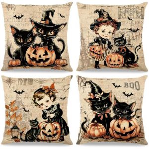 Cauc-4 Pi&egrave;ces Taie D'oreiller Halloween 40x40cm,Housses De Coussin Halloween En Lin,Housse De Coussin De Canap&eacute; Avec Motifs Citrouille,Fant&ocirc;me,Chat Noir,Chauve-Souris Et Ch&acirc;teau,Pour F&ecirc;te D'halloween - Neuf